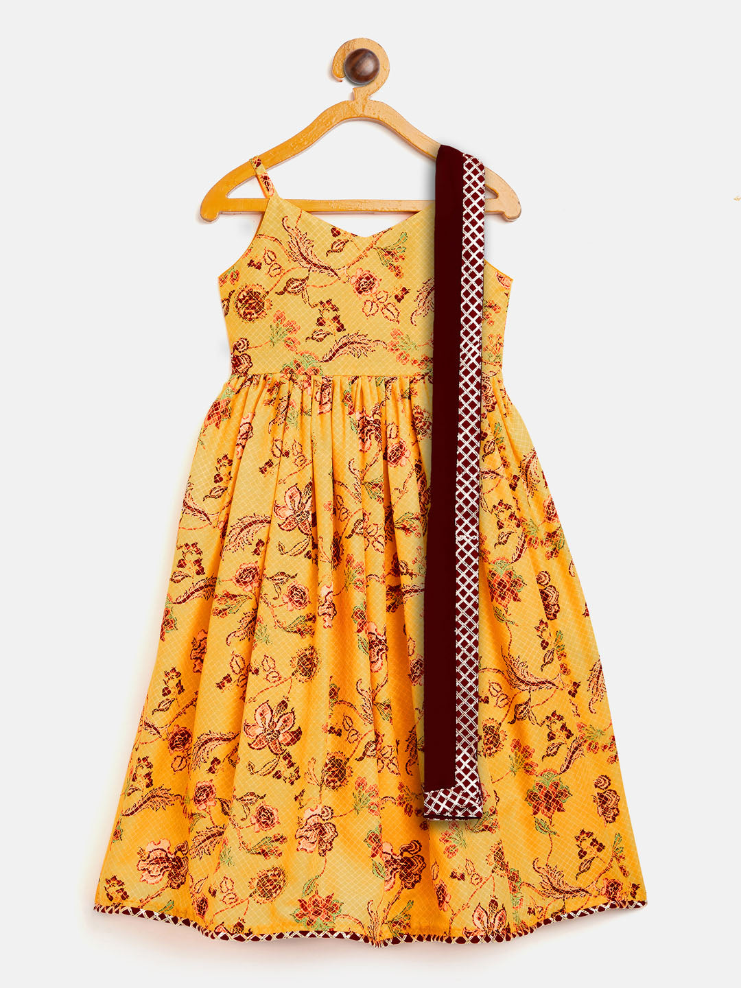 VASTRAMAY SISHU Girl's Yellow Floral Print Anarkali Kurta With Dupatta - qivii