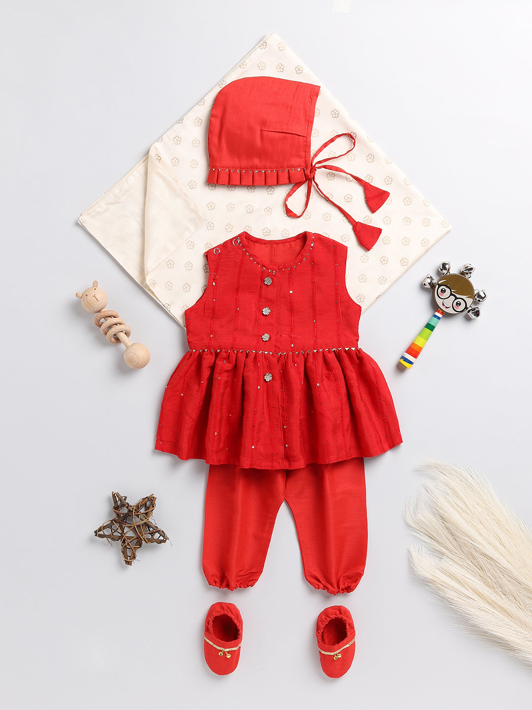 VASTRAMAY Girls' Red Chanderi Ethnic Combo Set - qivii