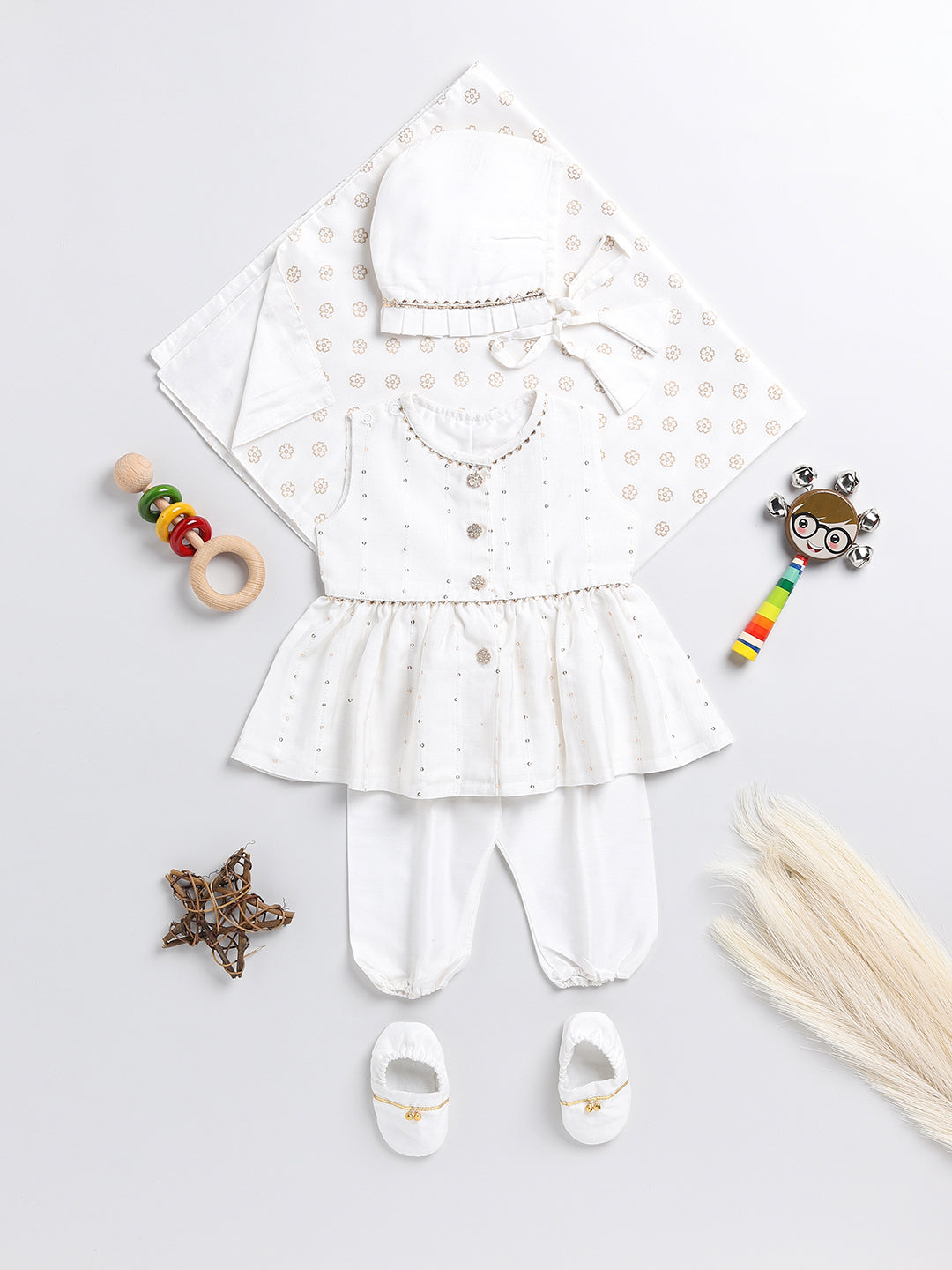 VASTRAMAY Girls' White Chanderi Ethnic Combo Set - qivii