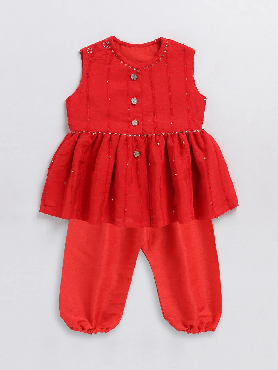 Girl's Red Cotton Flock And Dhoti Set