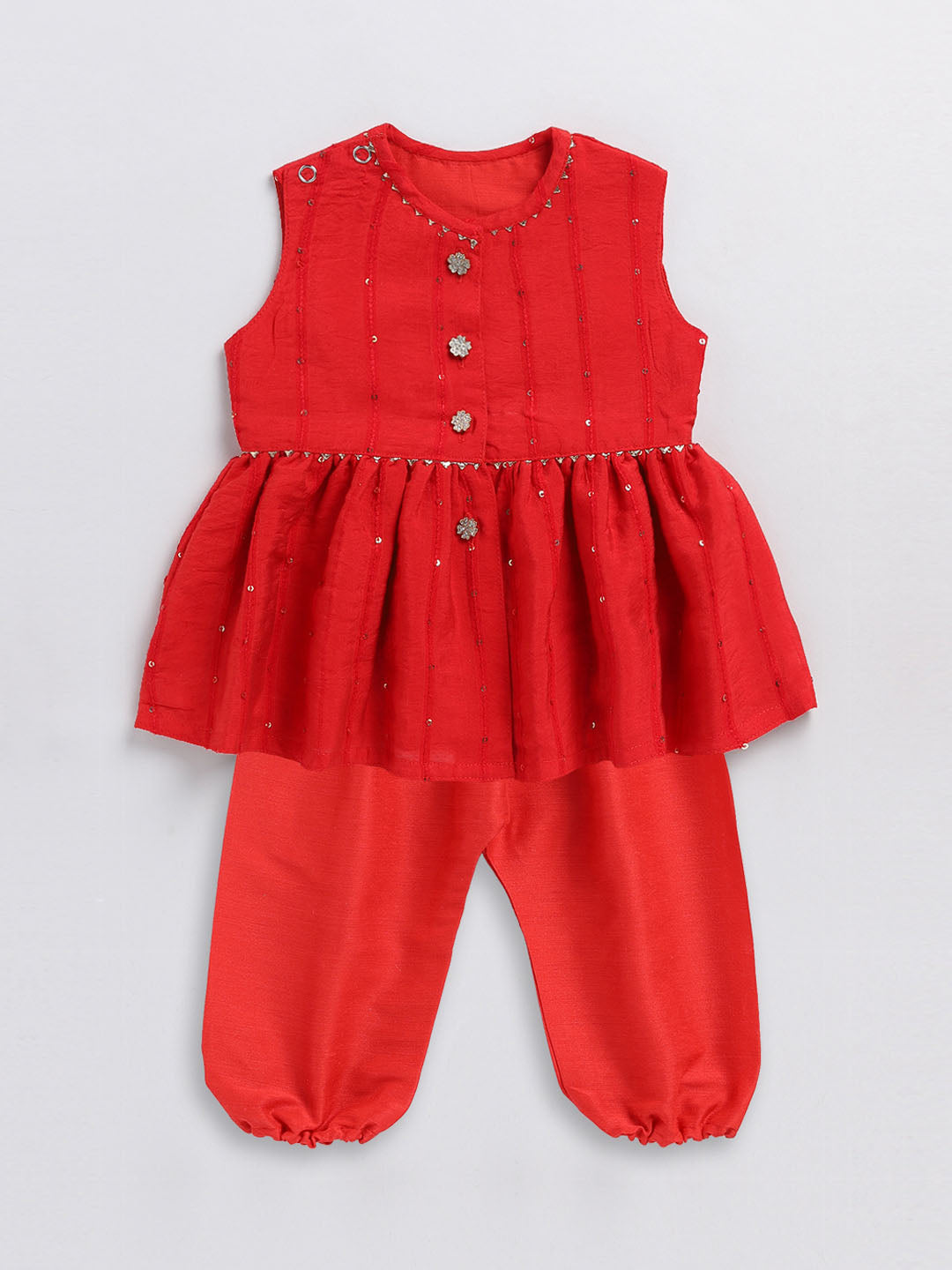 VASTRAMAY Girls Red Cotton Flock and Dhoti Set - qivii