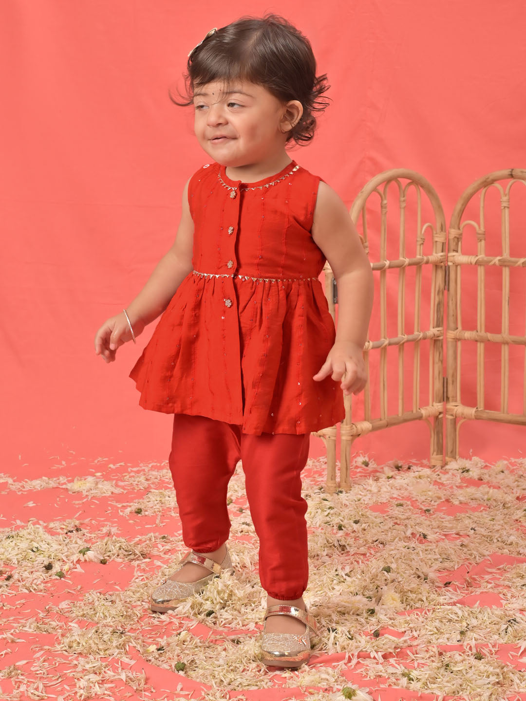 VASTRAMAY Girls Red Cotton Flock and Dhoti Set - qivii