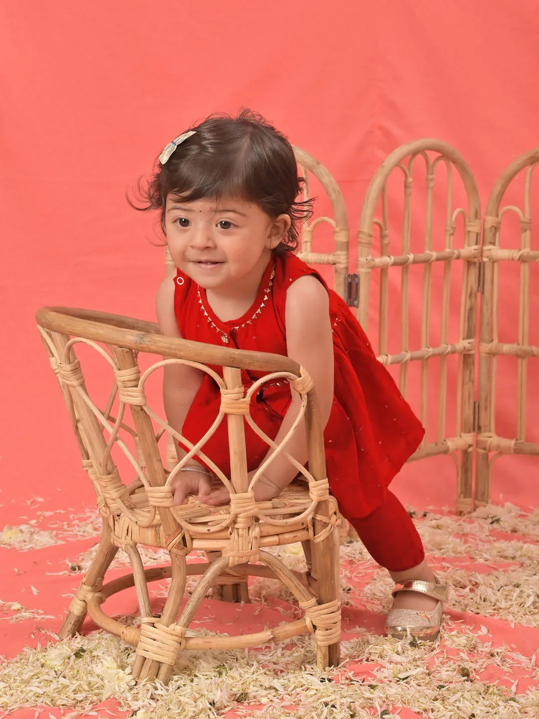 Girl's Red Cotton Flock And Dhoti Set