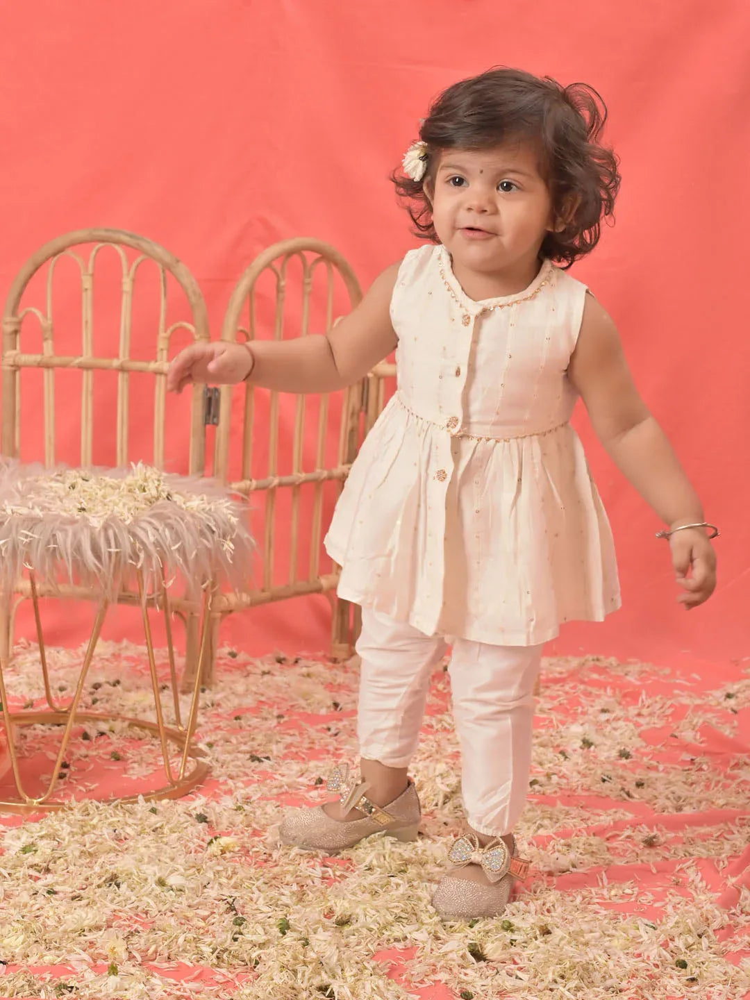 Girl's White Cotton Flock And Dhoti Set