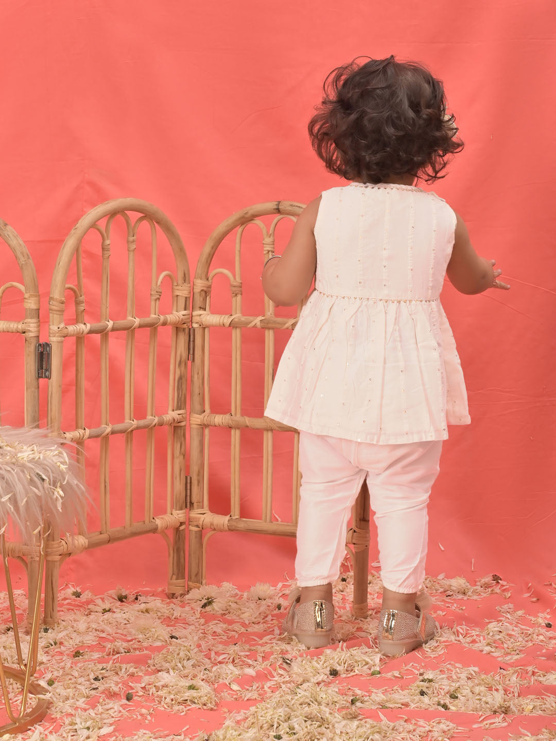 VASTRAMAY Girls White Cotton Flock and Dhoti Set - qivii