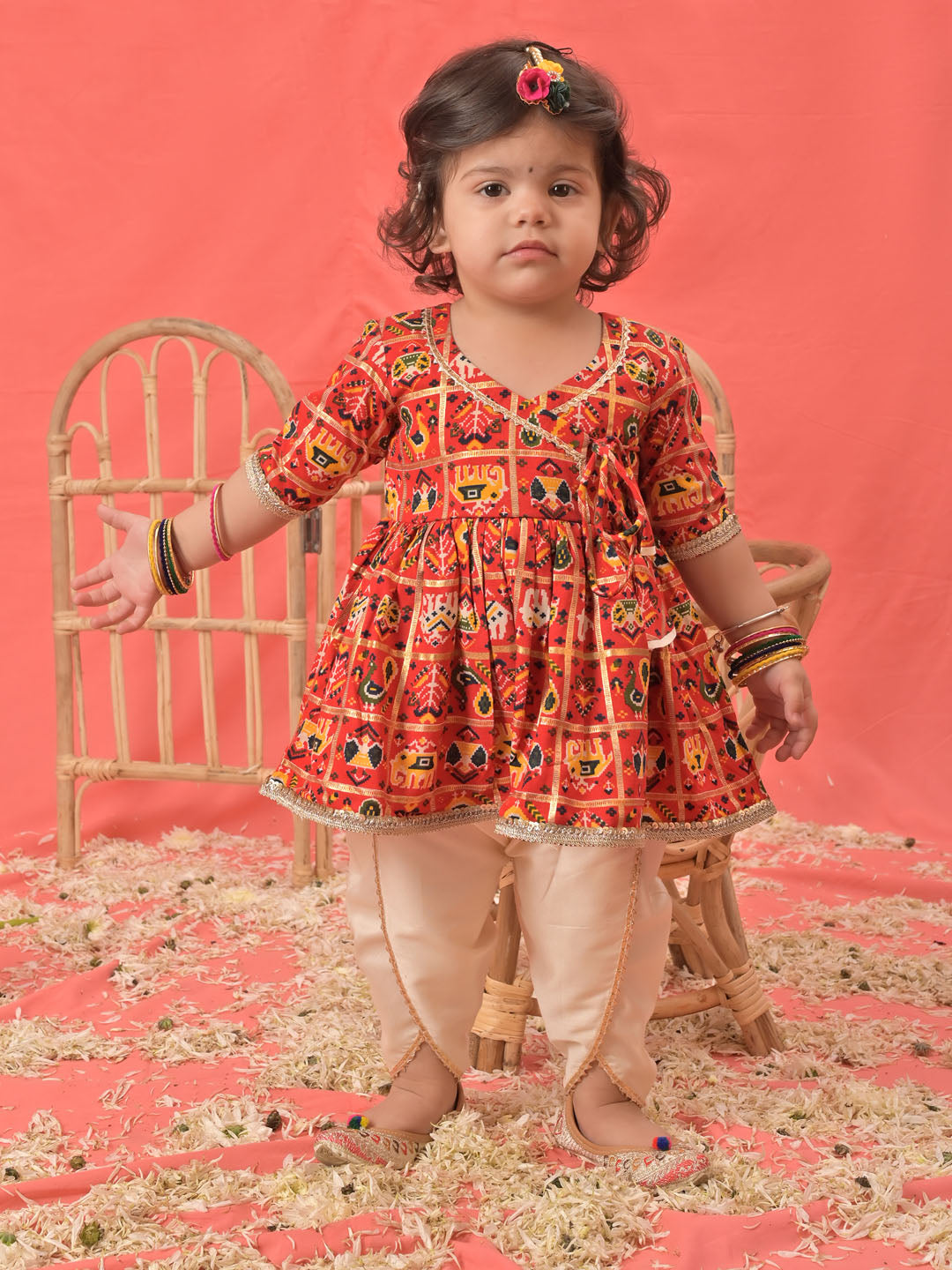 VASTRAMAY Girls Red Angrakha Style Patola Print Kurta Dhoti Set - qivii