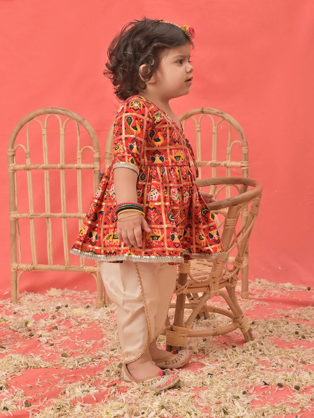 Girl's Red Angrakha Style Patola Print Kurta Dhoti Set