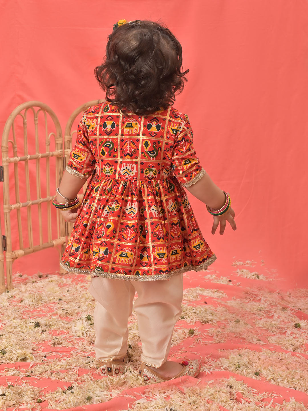 VASTRAMAY Girls Red Angrakha Style Patola Print Kurta Dhoti Set - qivii