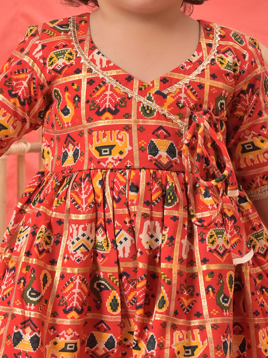 VASTRAMAY Girls Red Angrakha Style Patola Print Kurta Dhoti Set - qivii