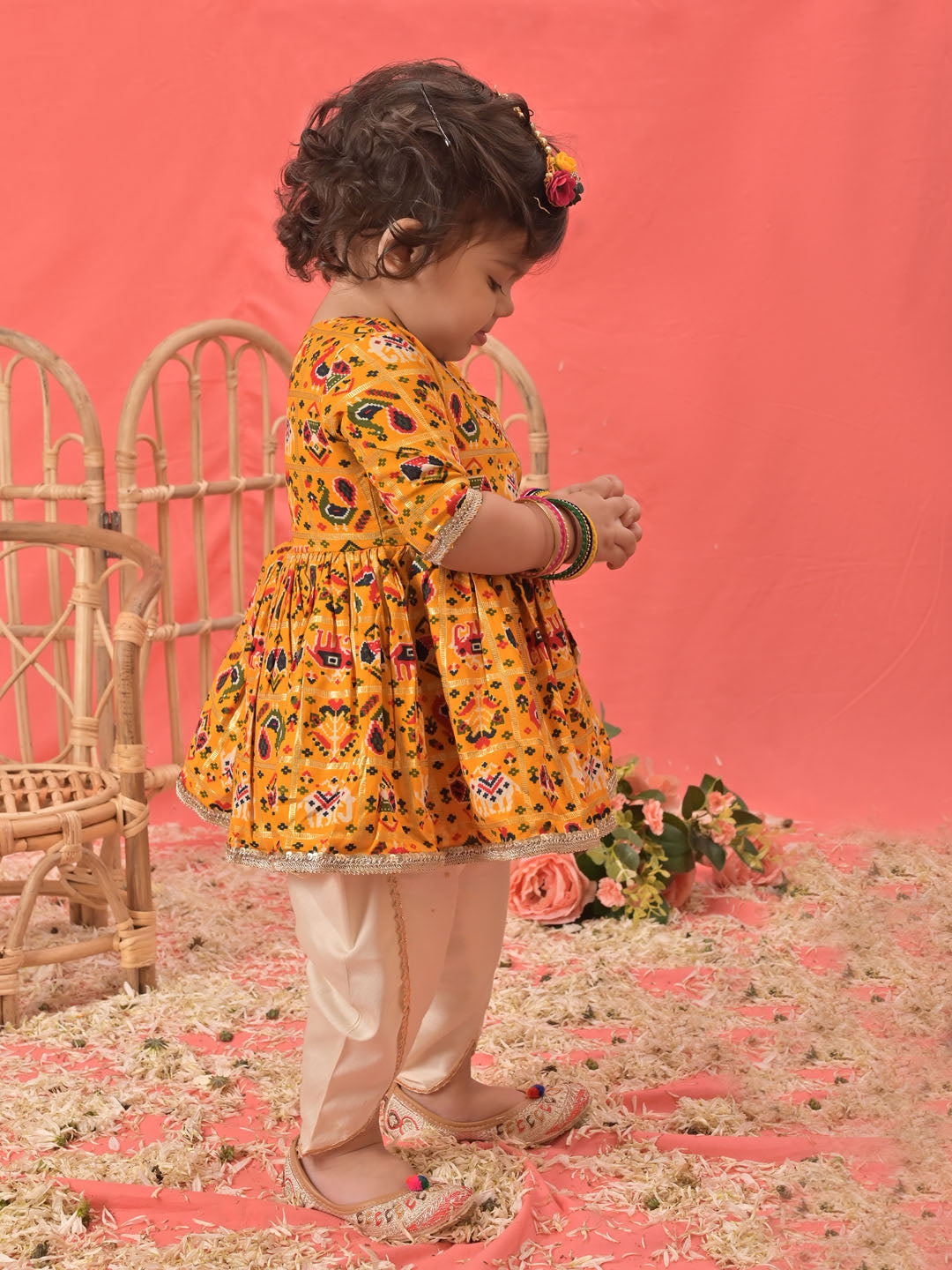 VASTRAMAY Girls Yellow Angrakha Style Patola Print Kurta Dhoti Set - qivii