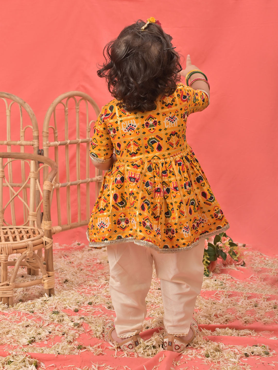 VASTRAMAY Girls Yellow Angrakha Style Patola Print Kurta Dhoti Set - qivii