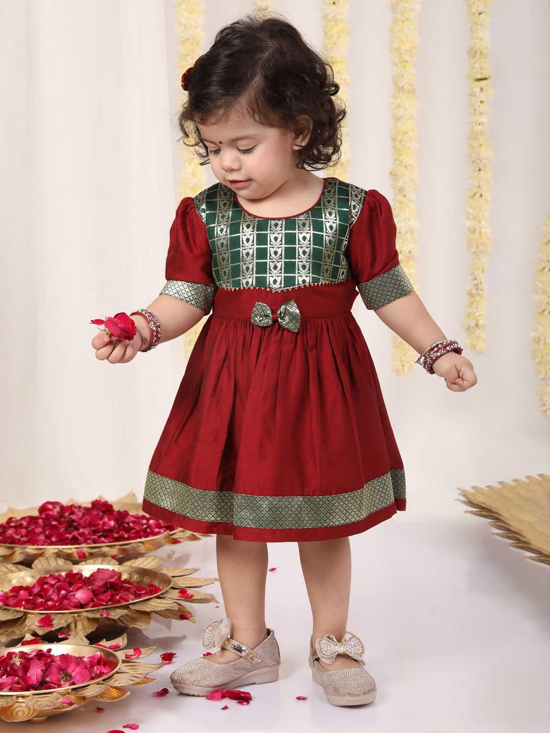Girl's Maroon And Green Banarsi Frock