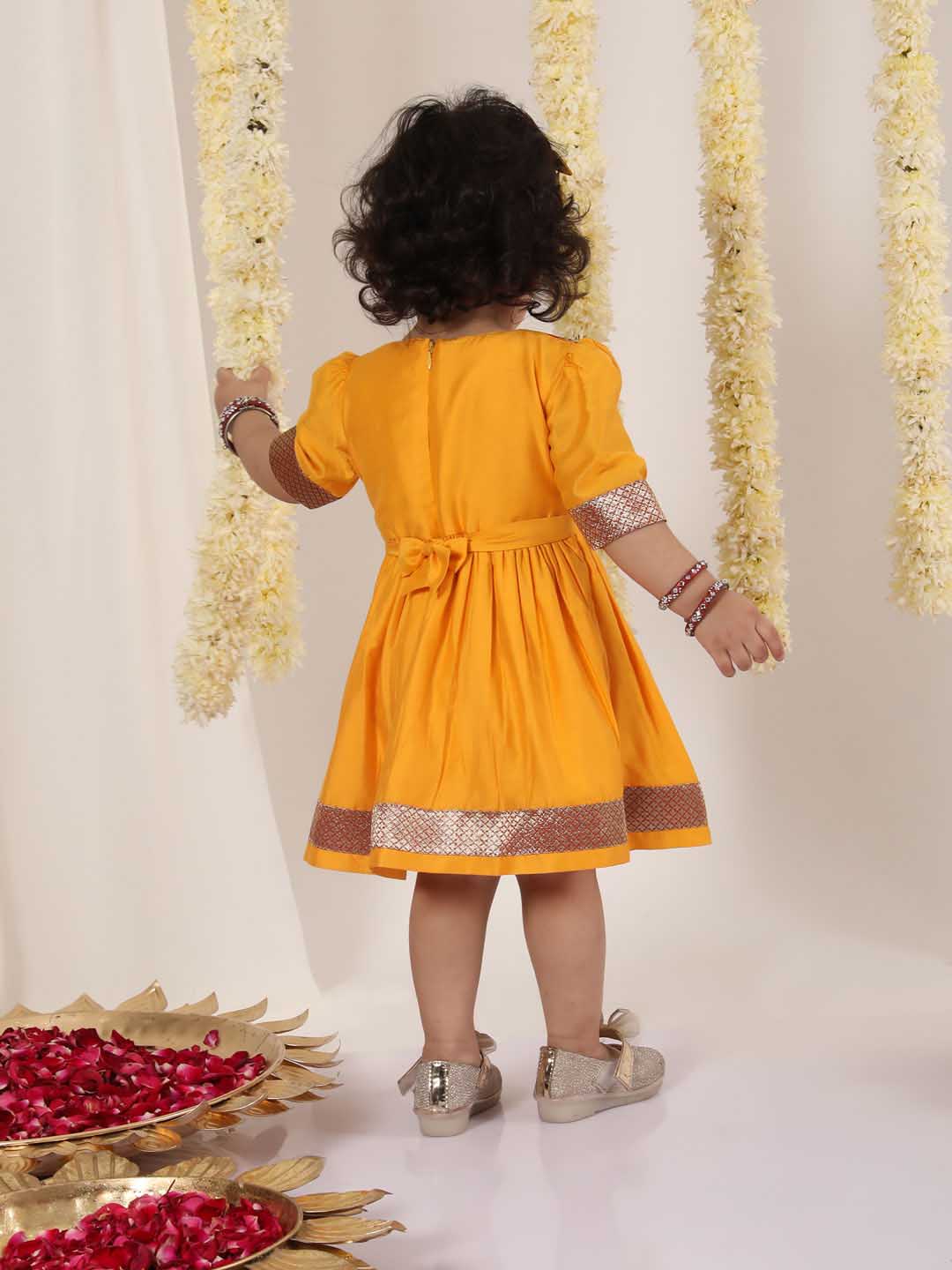 VASTRAMAY Girl's Red And Yellow Banarsi Frock - qivii