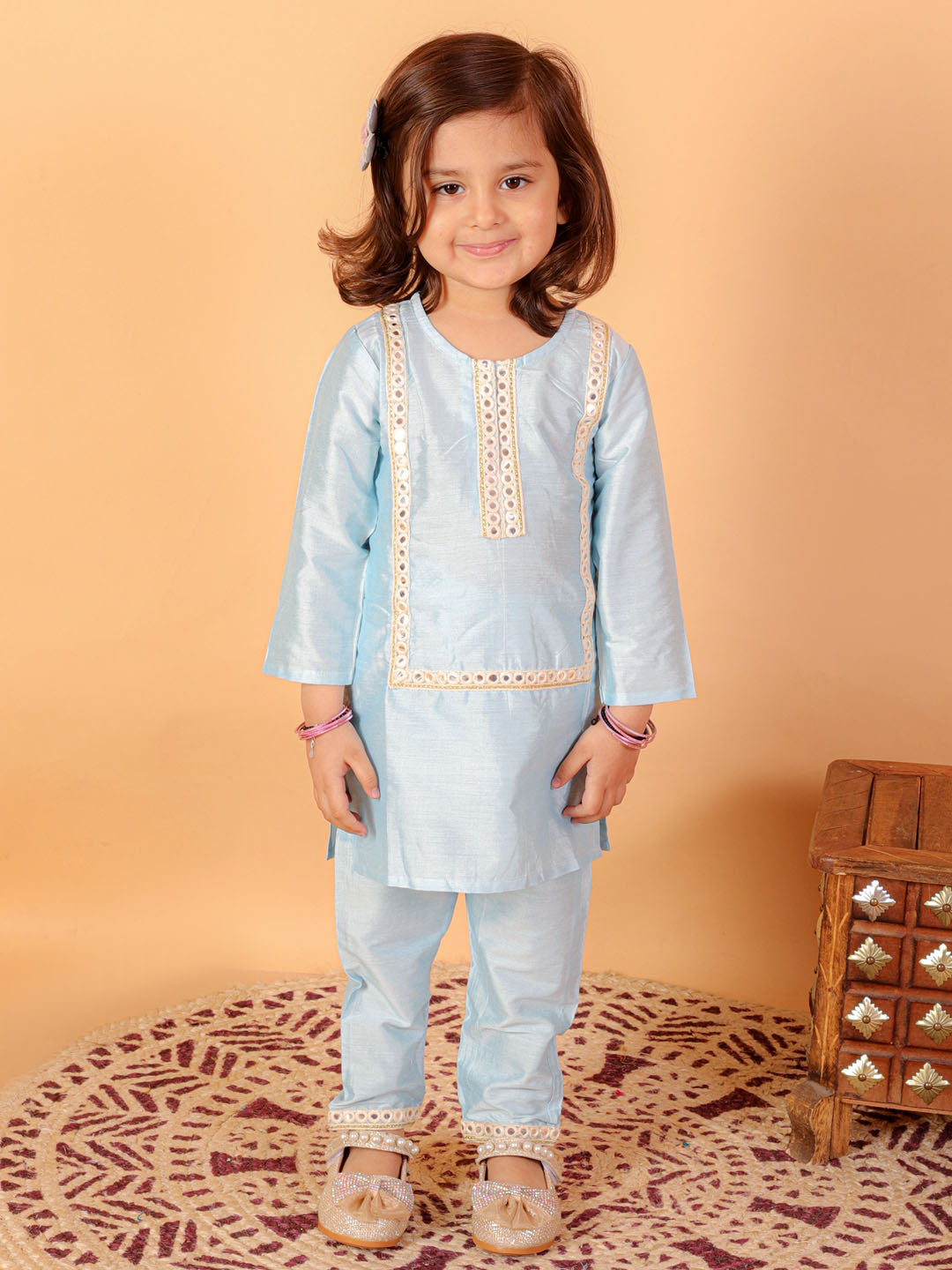 VASTRAMAY SISHU Girls' Aqua Blue Viscose Kurta And Straight Pant Set - qivii