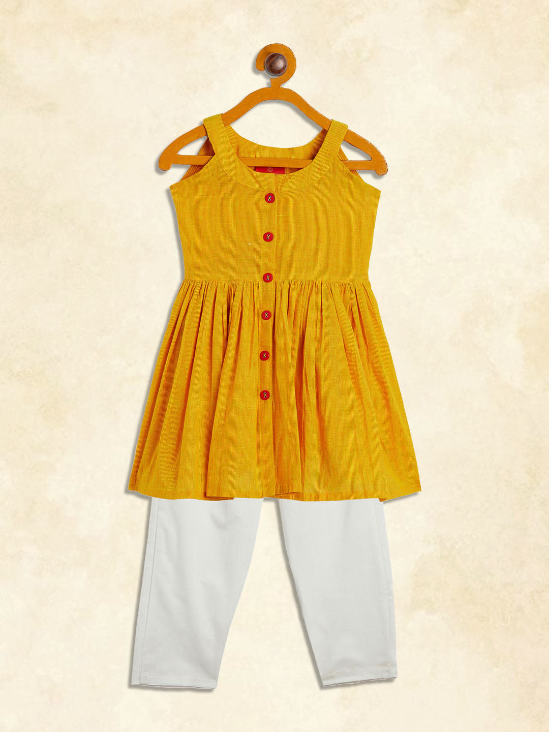 VASTRAMAY Girl's Mustard Striped Handloom Kurta With Cream Pyjama Set - qivii