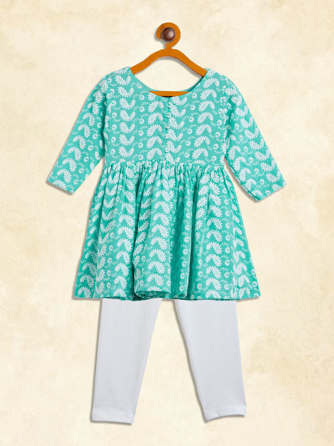 VASTRAMAY SISHU Girl's Green And White Chikankari Kurta Leggings Set - qivii