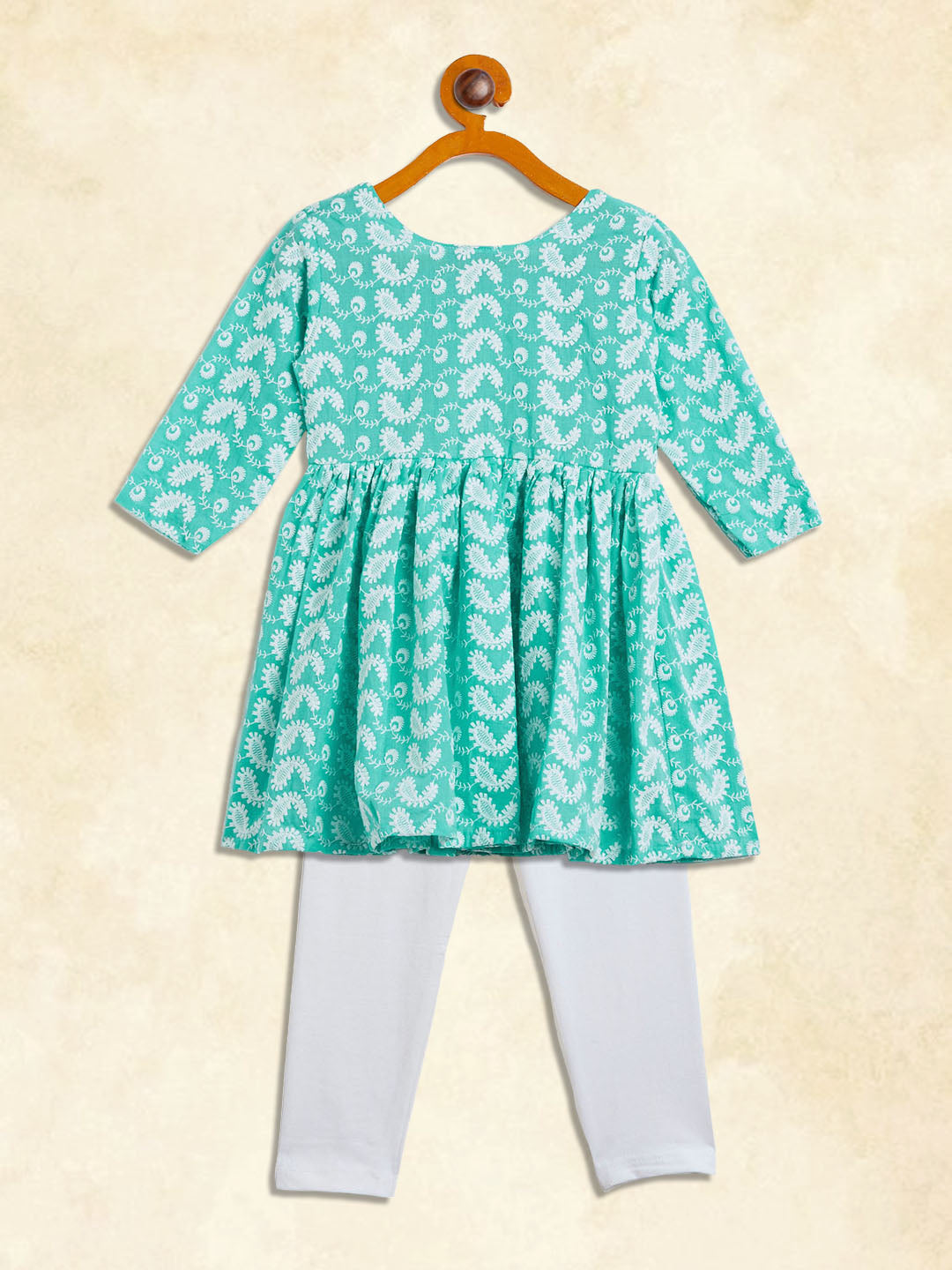 VASTRAMAY SISHU Girl's Green And White Chikankari Kurta Leggings Set - qivii