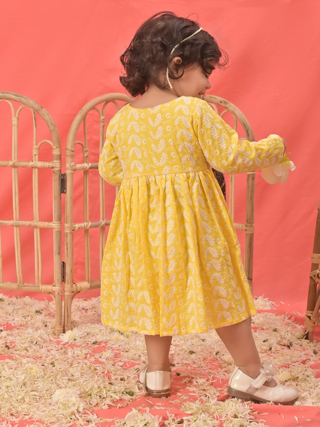 VASTRAMAY Girl's Mustard Chikankari Cotton Kurta - qivii