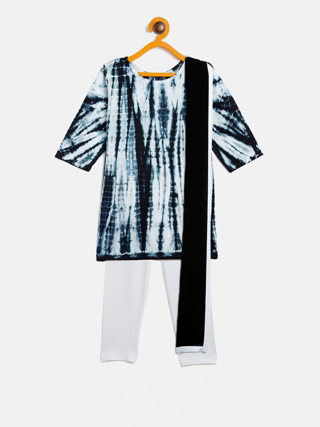 VASTRAMAY SISHU Girls Black & White Pure Cotton Tie-Dye Kurta Leggings & Dupatta Set - qivii