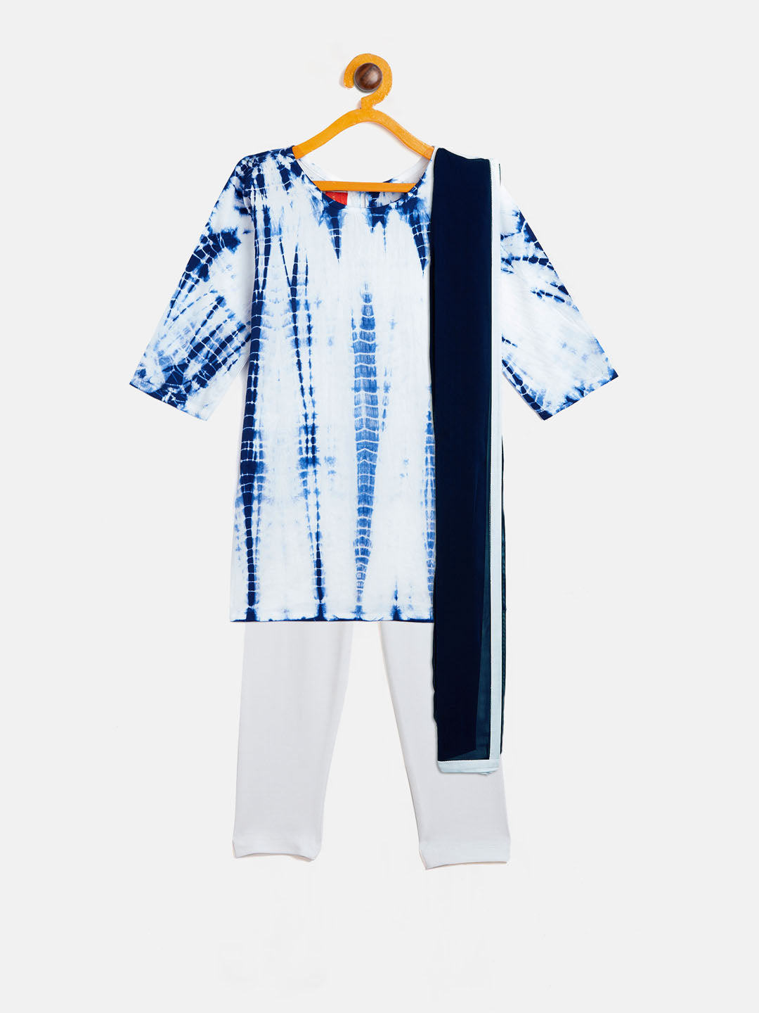 VASTRAMAY SISHU Girls Blue & White Pure Cotton Tie-Dye Kurta Leggings & Dupatta Set - qivii