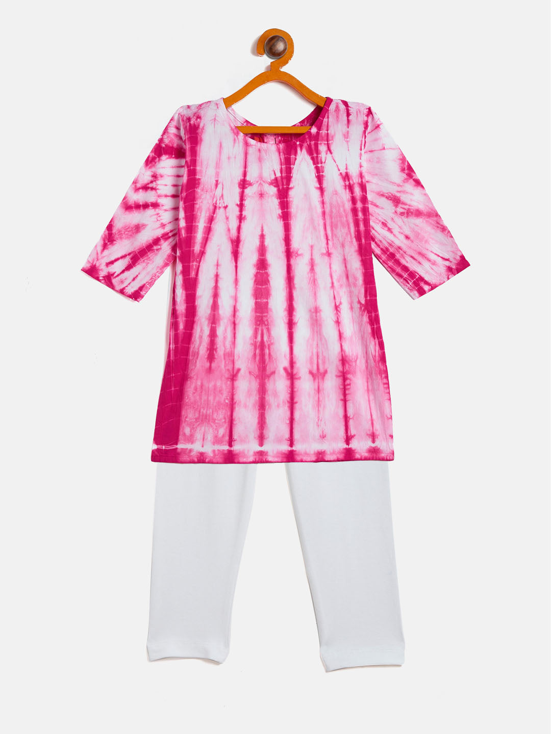 VASTRAMAY SISHU Girls Pink & White Pure Cotton Tie-Dye Kurta Leggings & Dupatta Set - qivii