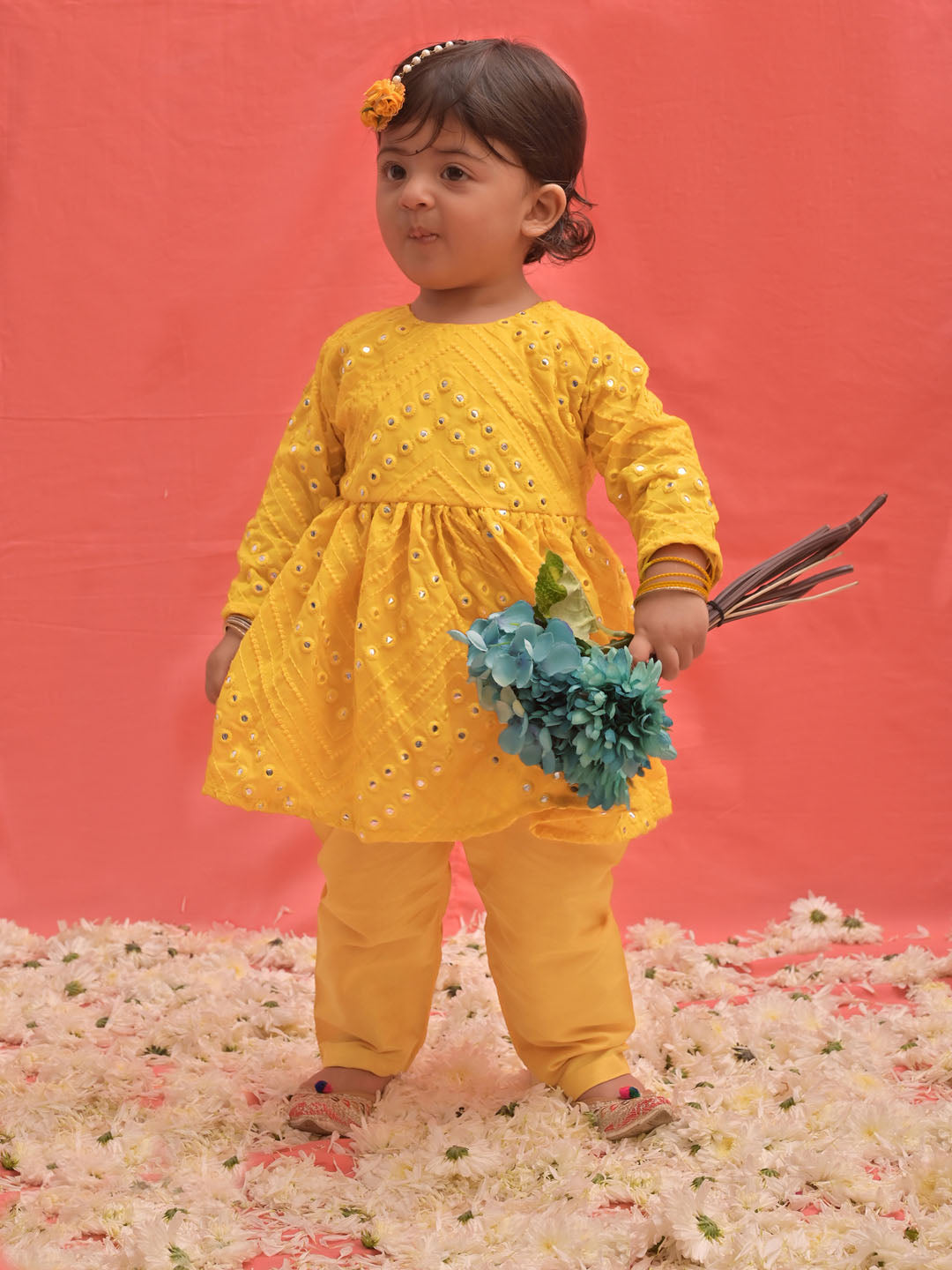 VASTRAMAY SISHU Girl's Yellow Mirror Kurta Pyjama Set - qivii