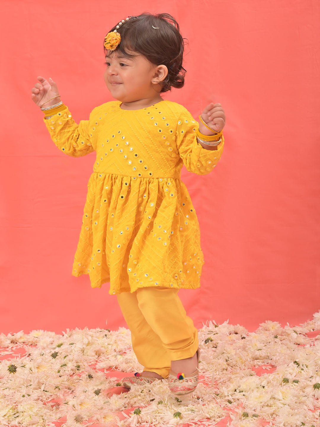 VASTRAMAY SISHU Girl's Yellow Mirror Kurta Pyjama Set - qivii