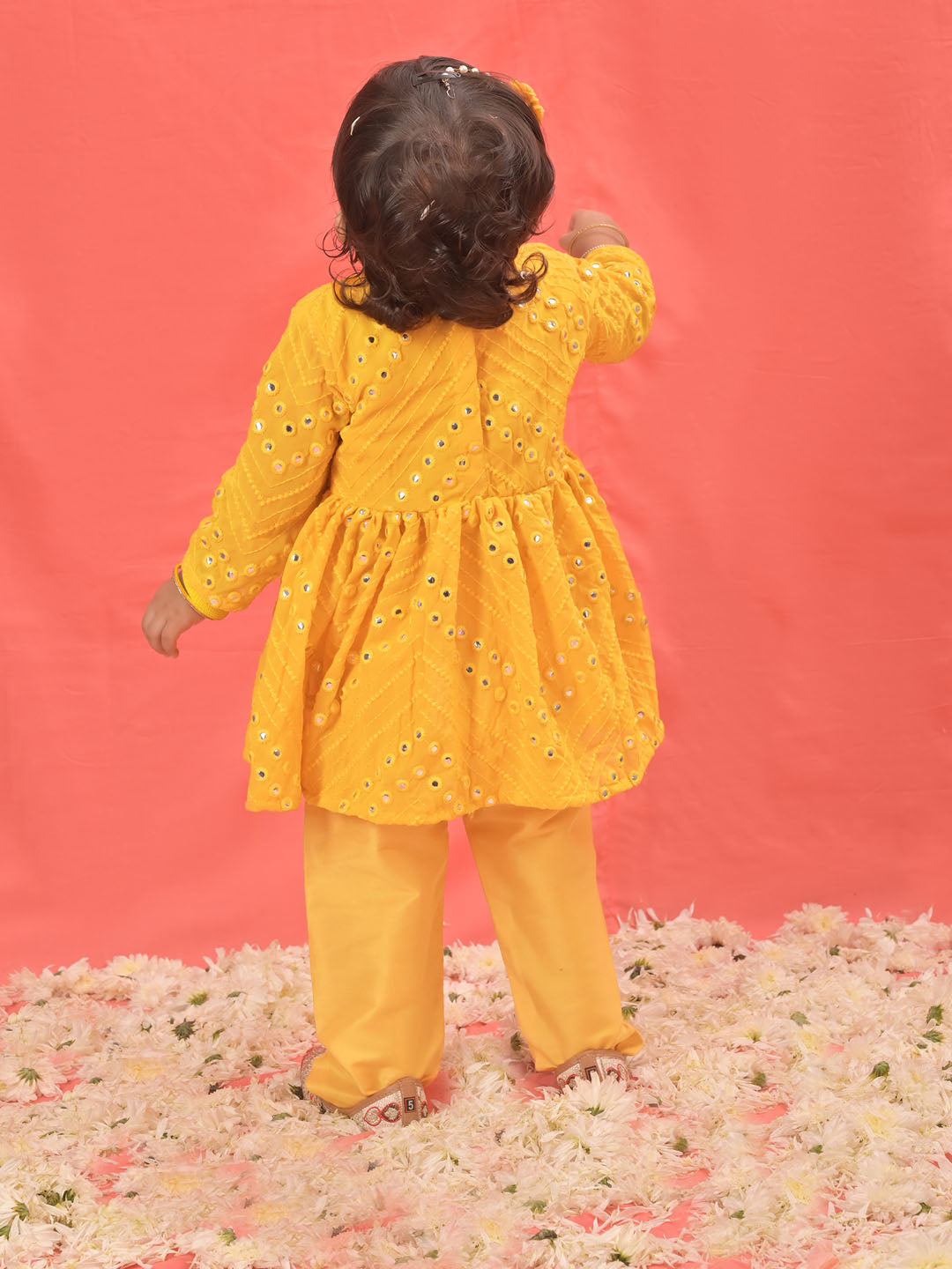 VASTRAMAY SISHU Girl's Yellow Mirror Kurta Pyjama Set - qivii