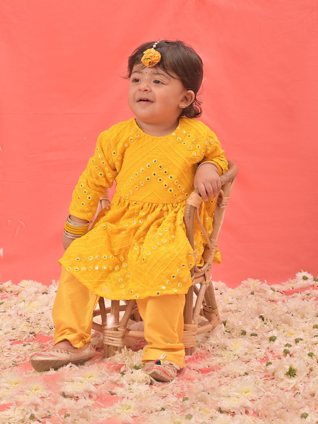 VASTRAMAY SISHU Girl's Yellow Mirror Kurta Pyjama Set - qivii