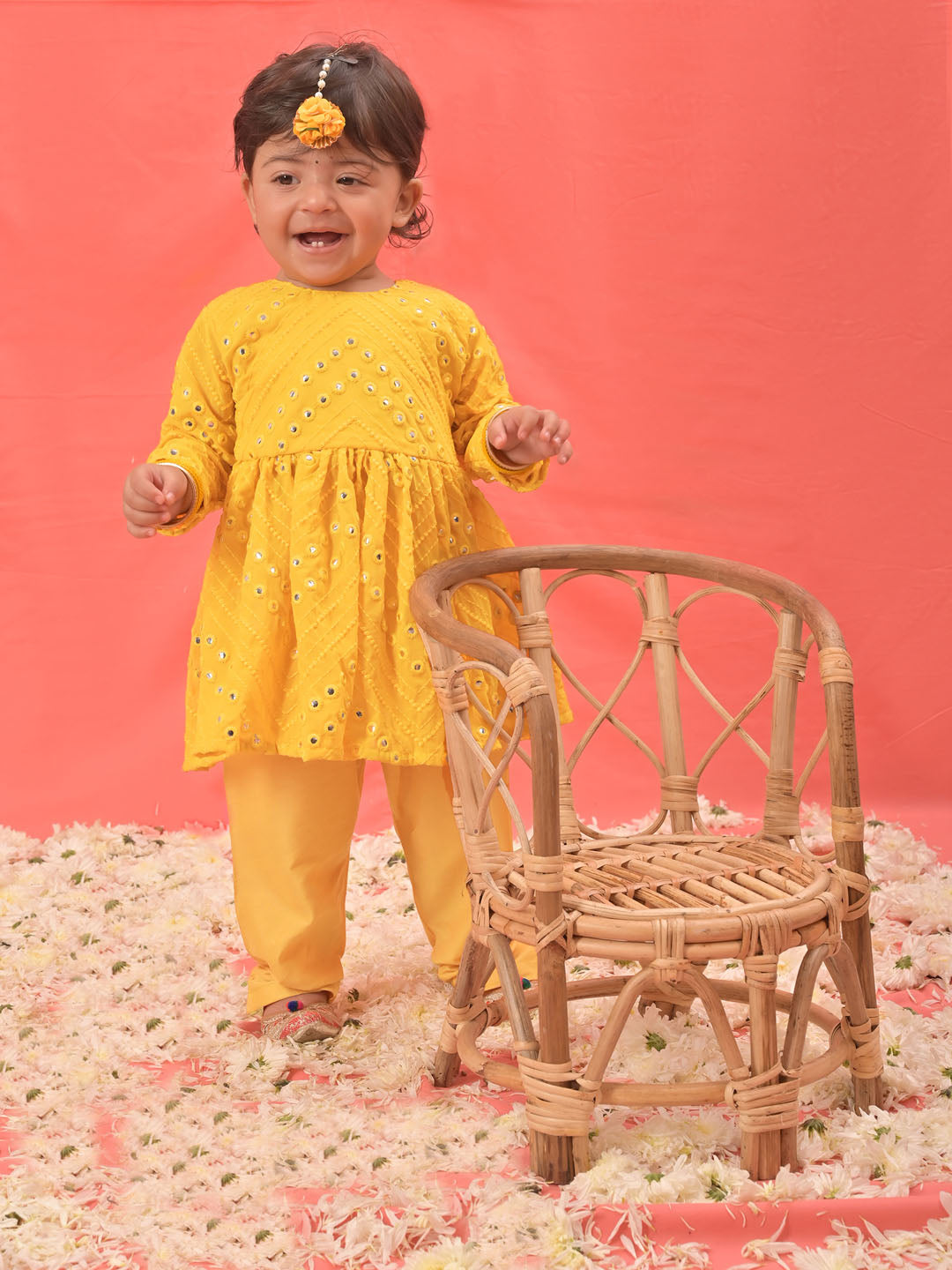 VASTRAMAY SISHU Girl's Yellow Mirror Kurta Pyjama Set - qivii