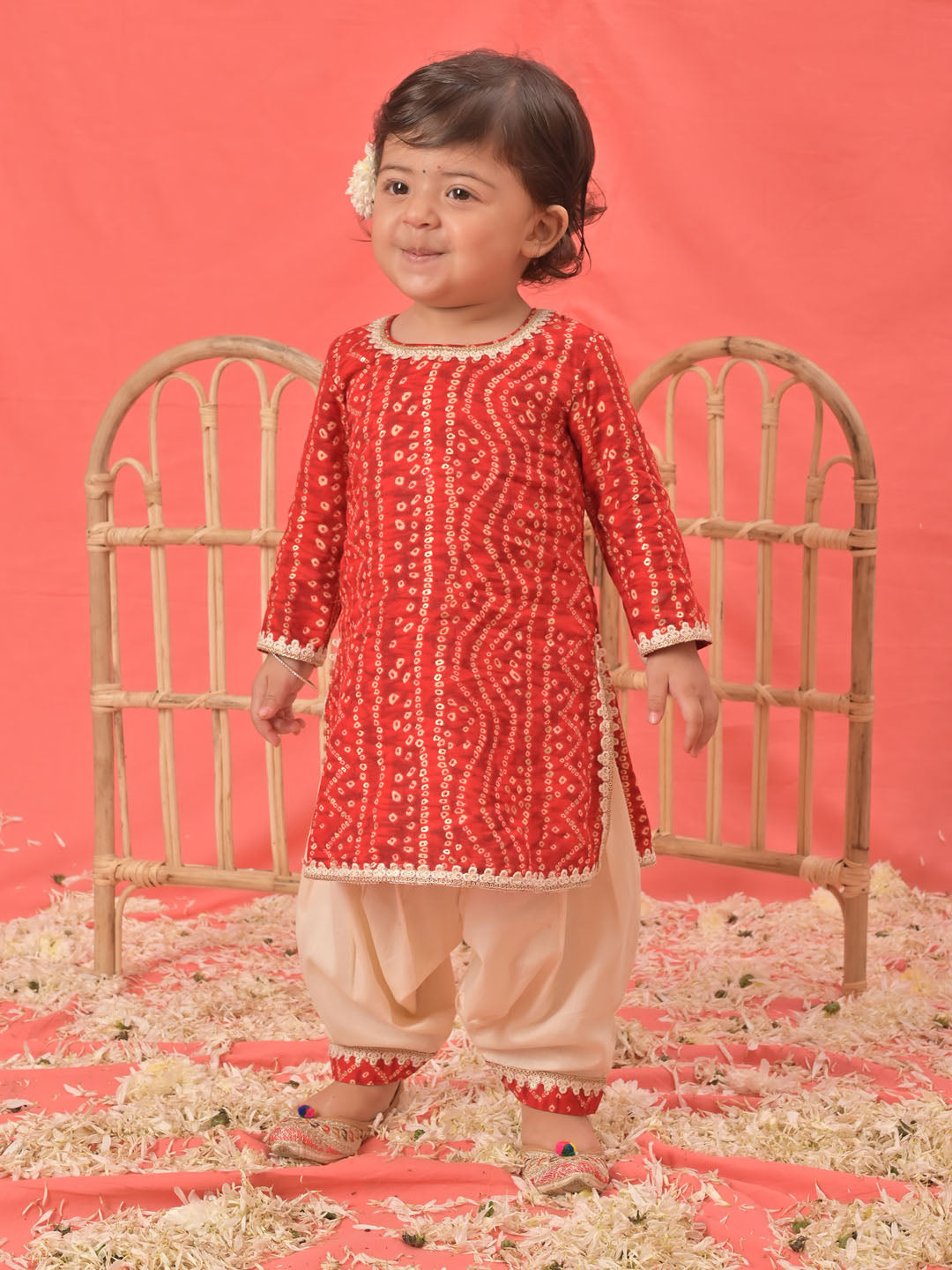 VASTRAMAY Girls Red Bandhni Print Kurta And Patiala Set - qivii