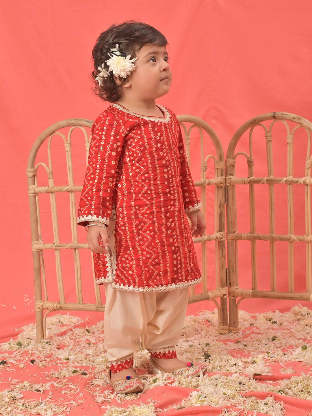 VASTRAMAY Girls Red Bandhni Print Kurta And Patiala Set - qivii