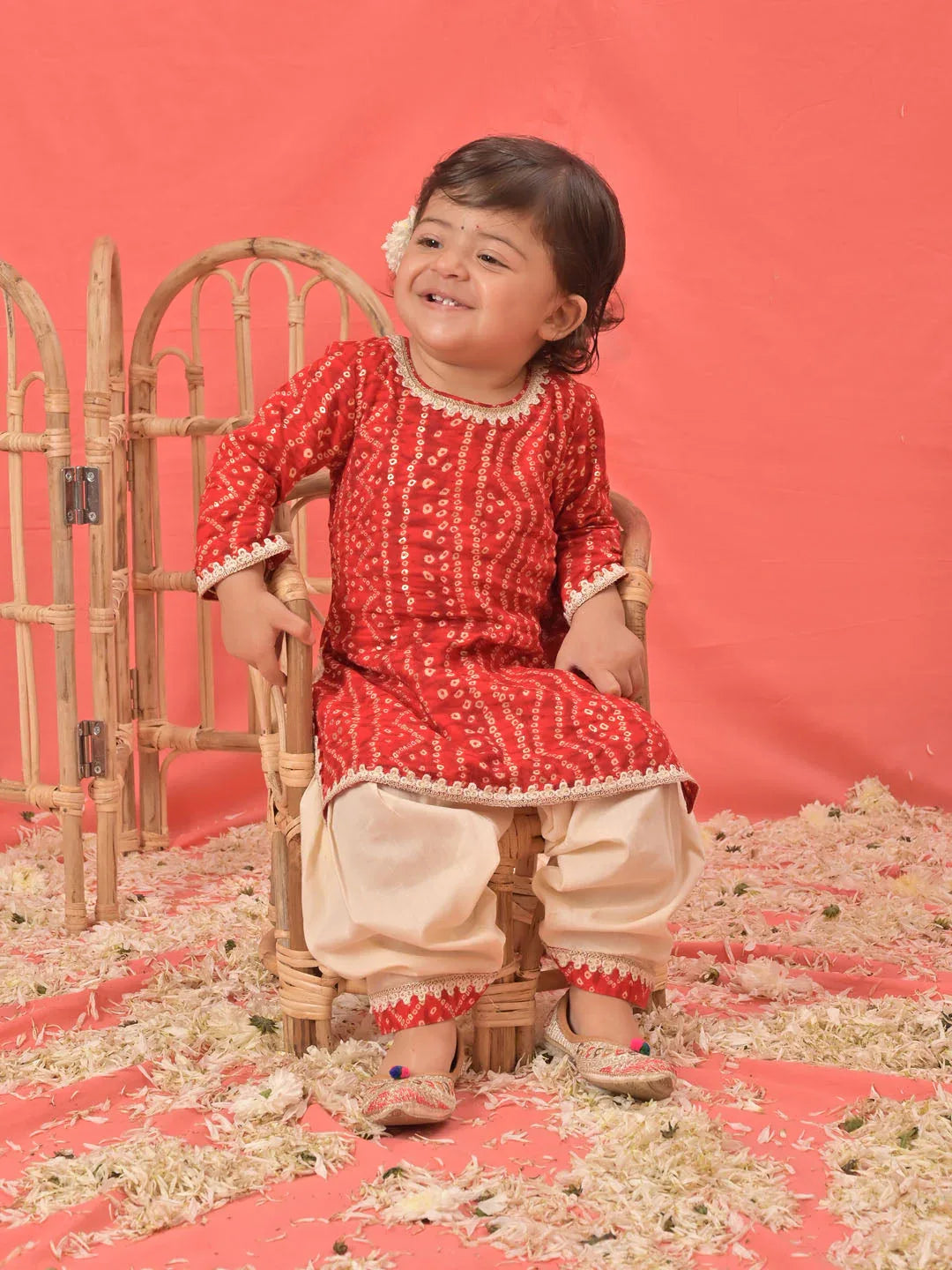 Girl's Red Bandhni Print Kurta And Patiala Set