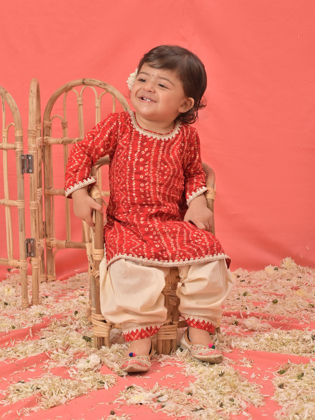 VASTRAMAY Girls Red Bandhni Print Kurta And Patiala Set - qivii