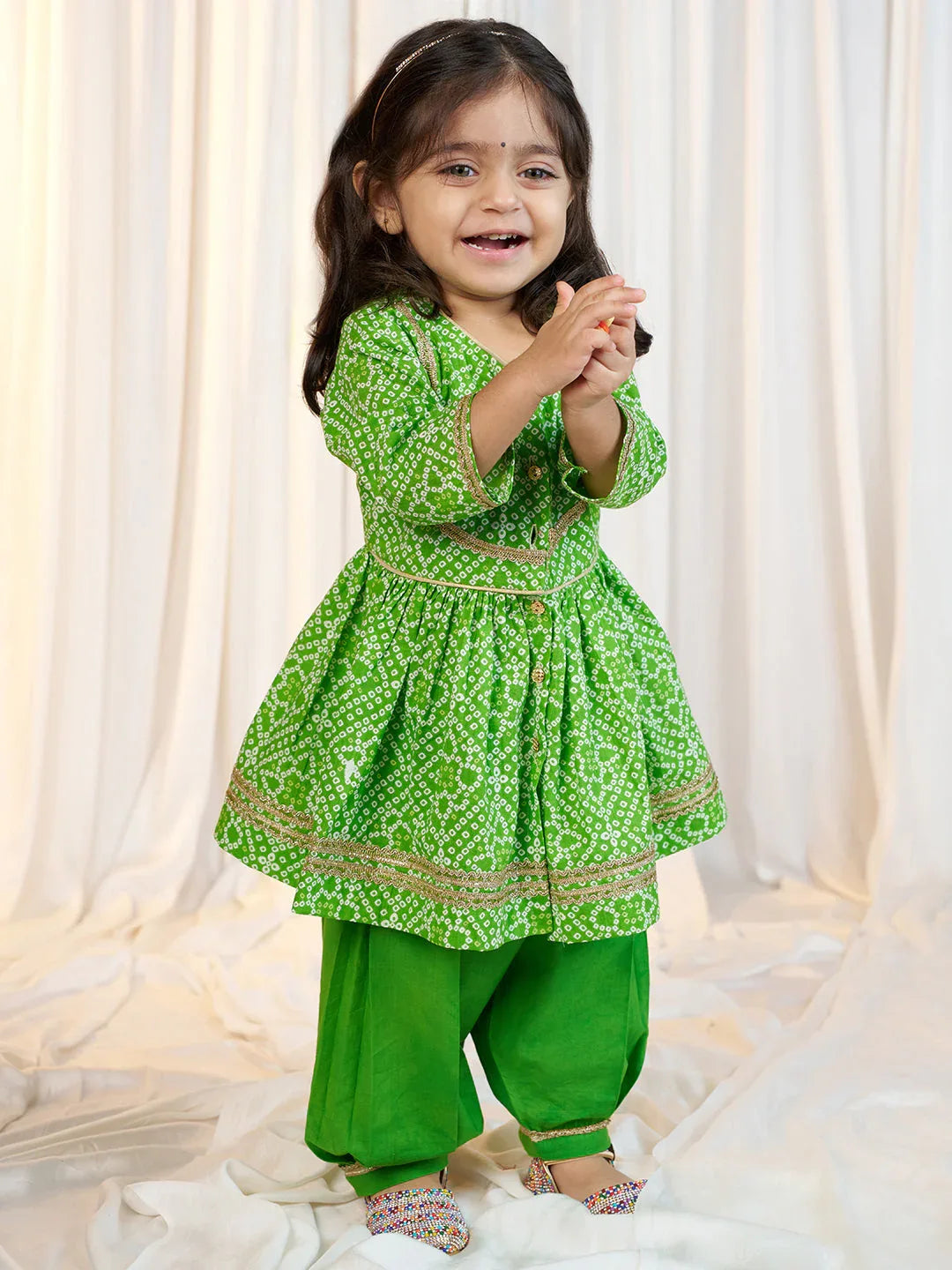 Girls Green Cotton Bandhani Kurta Patiala Set with Digital Print