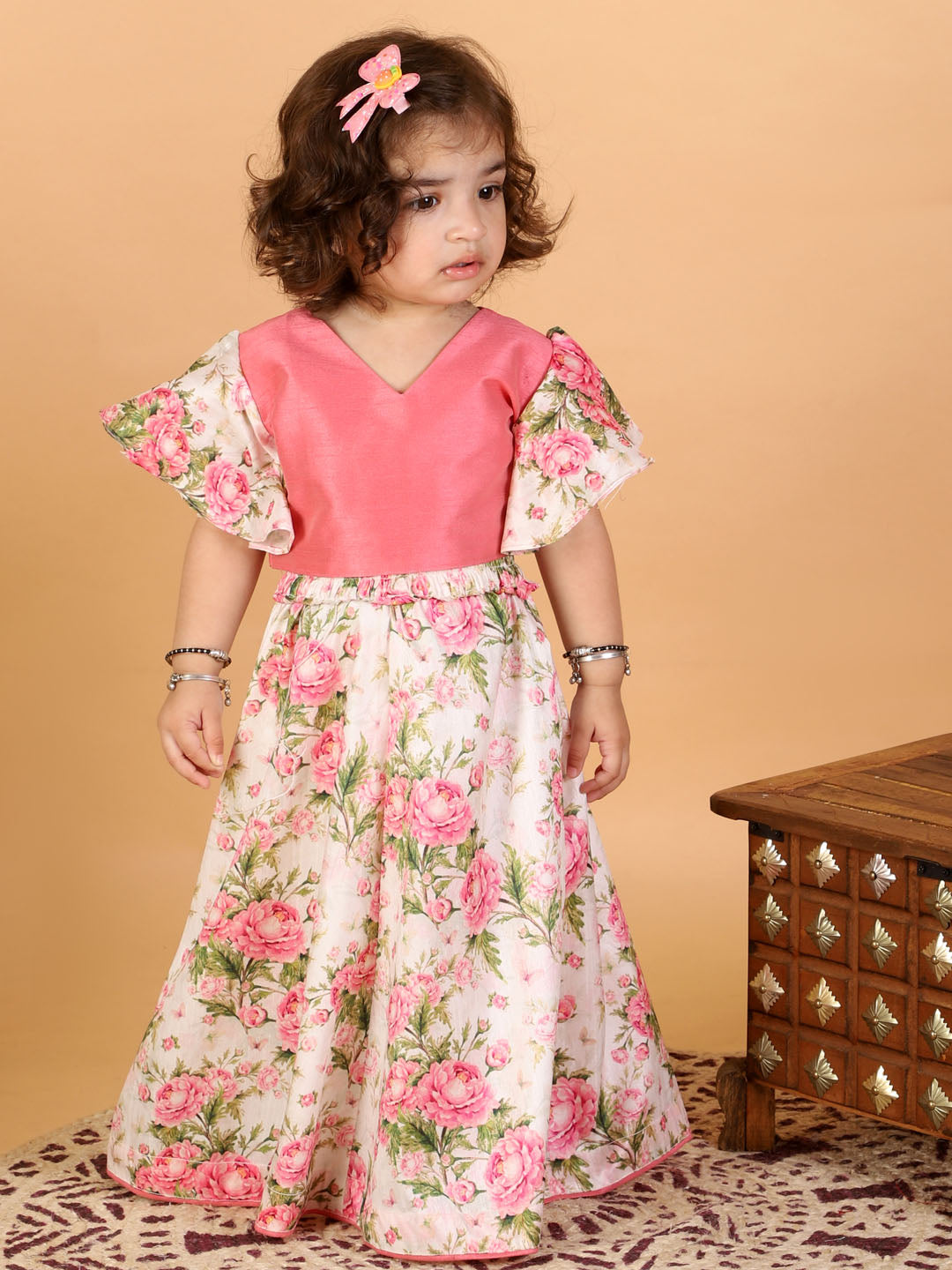 VASTRAMAY SISHU Girl's Pink Printed Skirt And Ruffle Sleeves Crop Top Set - qivii