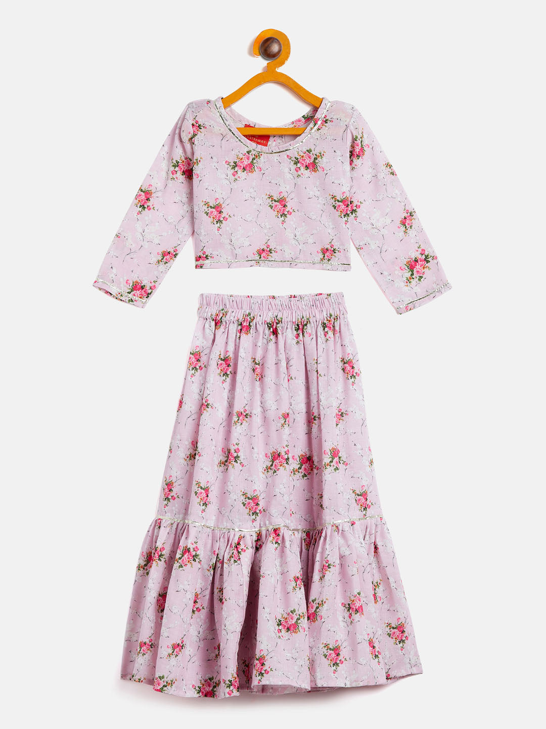 VASTRAMAY SISHU Girl's Printed Linen Crop Top And Ruffle Skirt Set - qivii