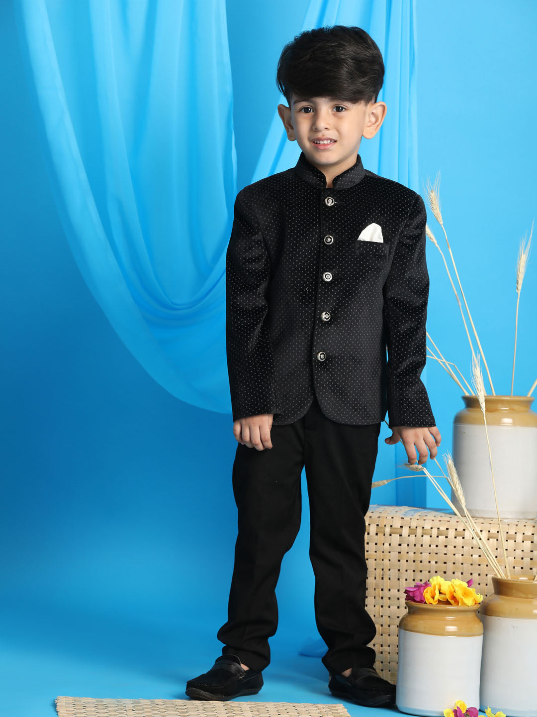 VASTRAMAY Boy's Black Polka Dot Printed Jodhpuri - qivii