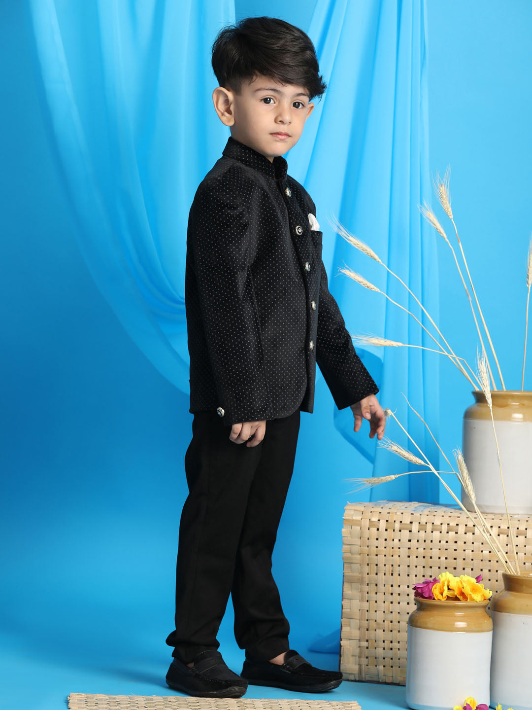 VASTRAMAY Boy's Black Polka Dot Printed Jodhpuri - qivii