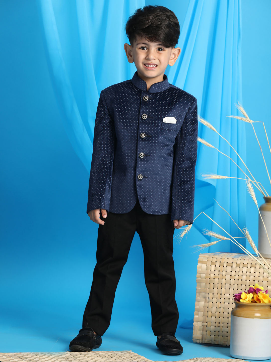 VASTRAMAY Boy's Blue Polka Dot Printed Jodhpuri - qivii