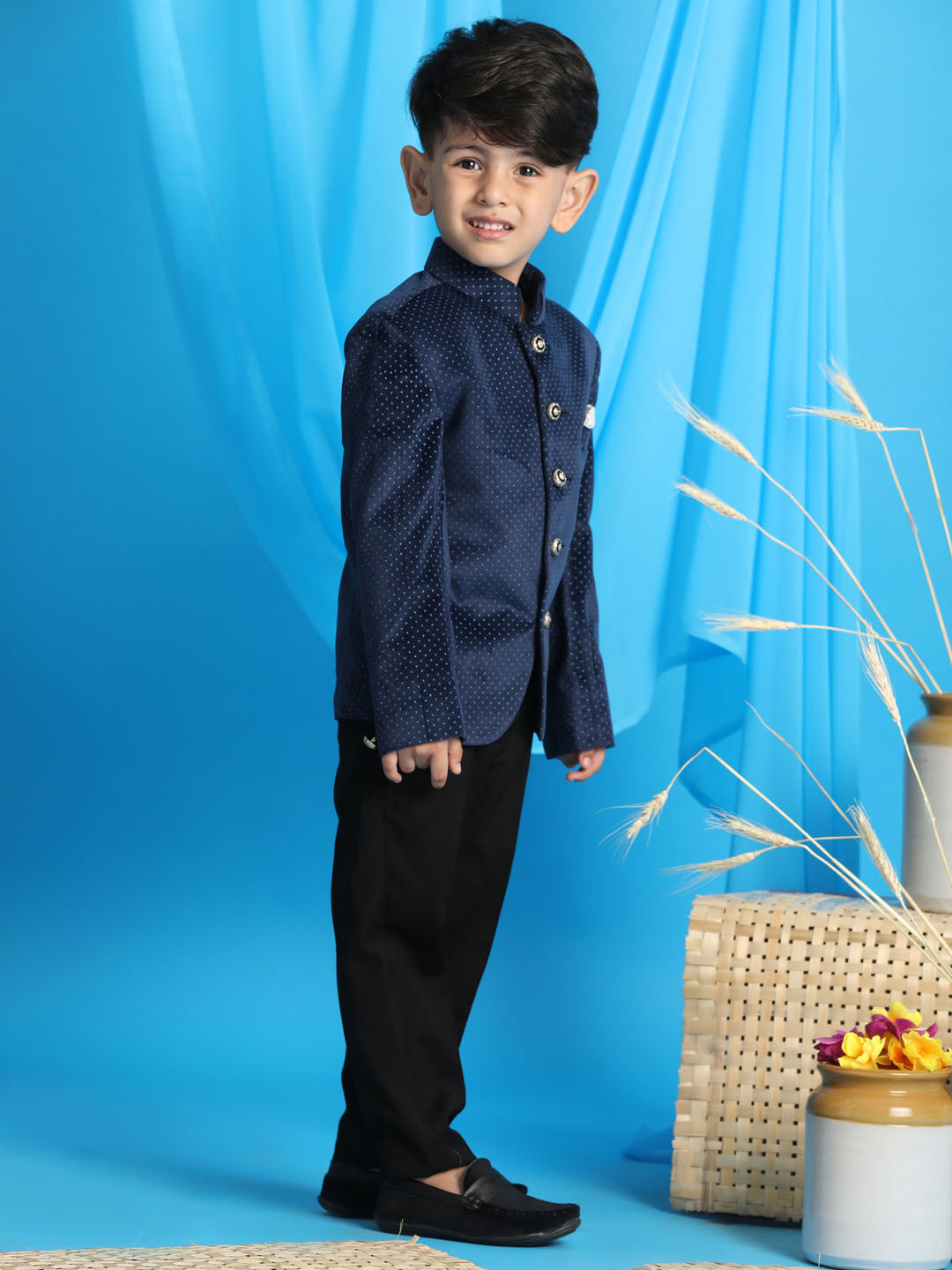 VASTRAMAY Boy's Blue Polka Dot Printed Jodhpuri - qivii