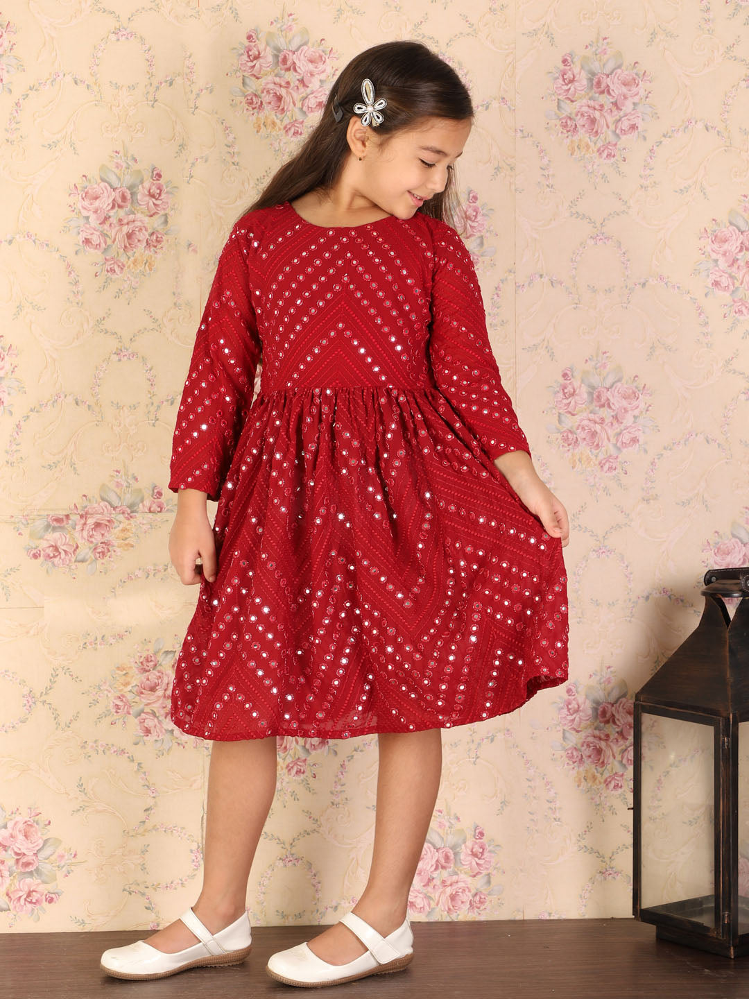 VASTRAMAY Girl's Maroon Mirror Kurta - qivii
