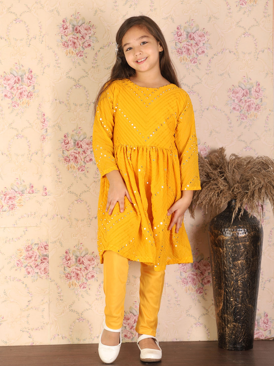 VASTRAMAY Girl's Yellow Mirror Kurta Pyjama Set - qivii