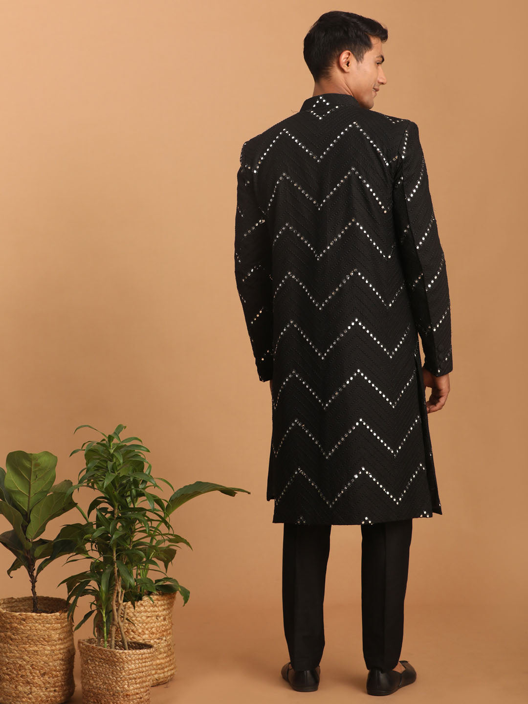 SHRESTHA By VASTRAMAY Men's Black Solid Kurta Pant Set With Mirror Over Coat Combo Set
