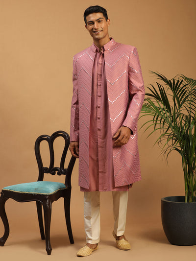 SHRESTHA By VASTRAMAY Men's Onion Pink Solid Kurta Pant With Mirror Over Coat Combo Set