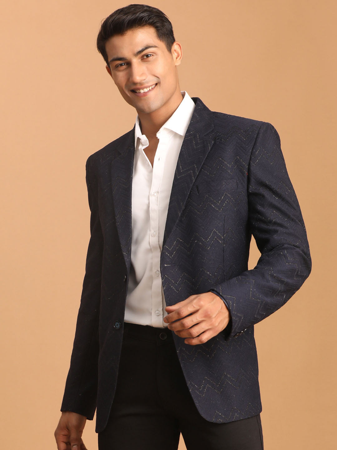 Men's Navy Blue Zig Zag Glitter Silk Blend Blazer