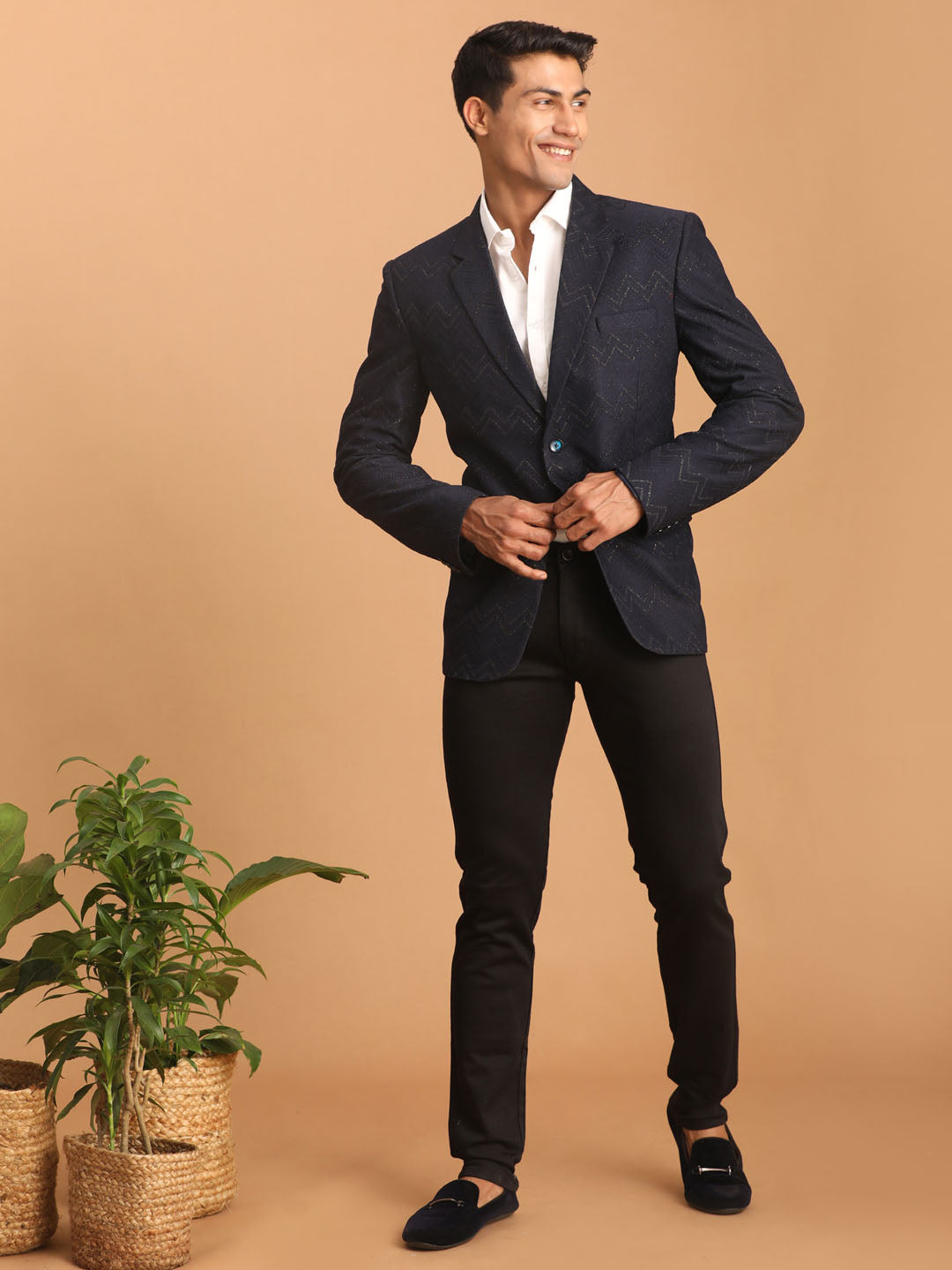 Men's Navy Blue Zig Zag Glitter Silk Blend Blazer