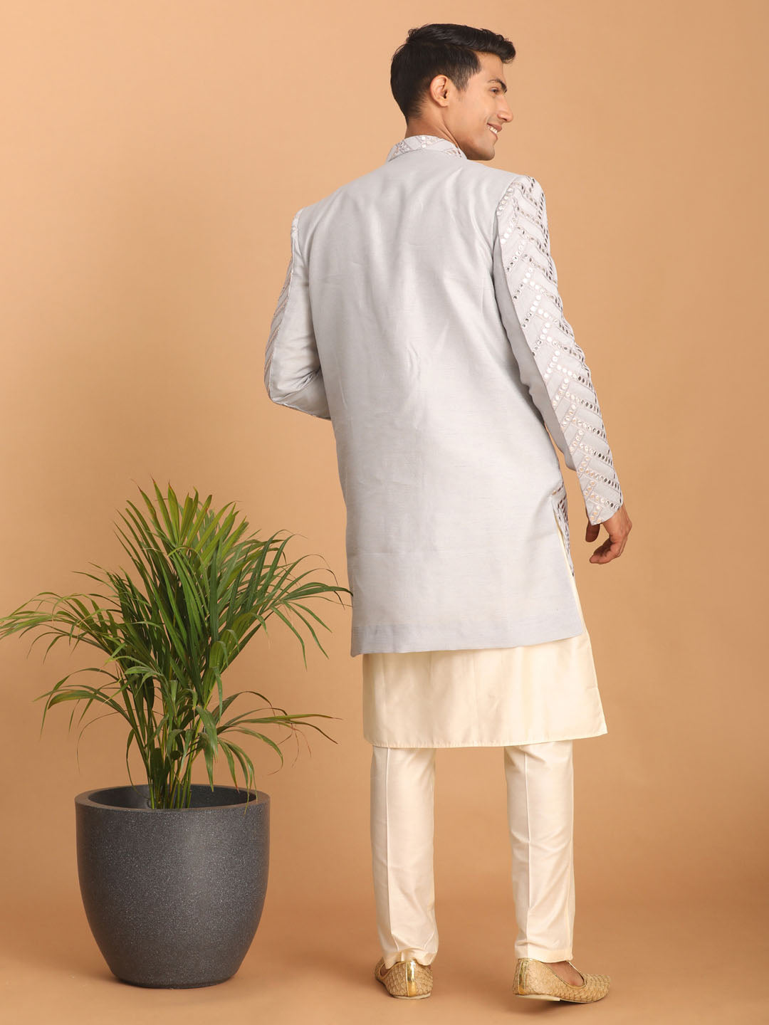 Men's Aqua Blue Mirror Indo Western Sherwani With Kurta Pyjama Set