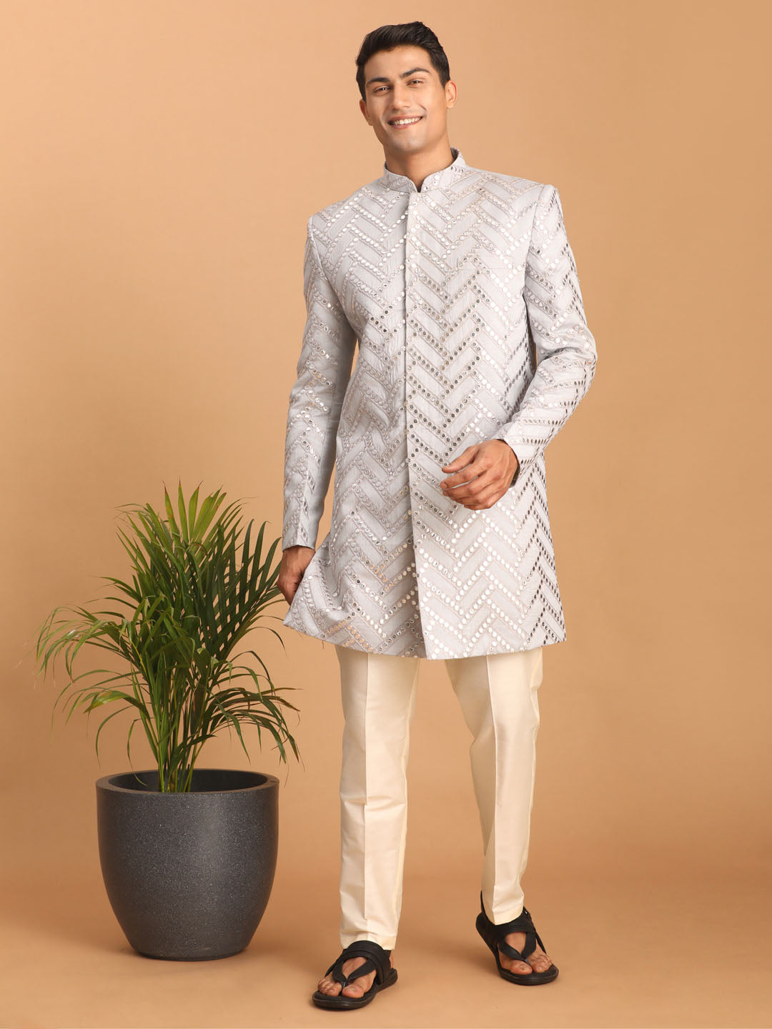 Men's Aqua Blue Mirror Indo Western Sherwani With Pant Set