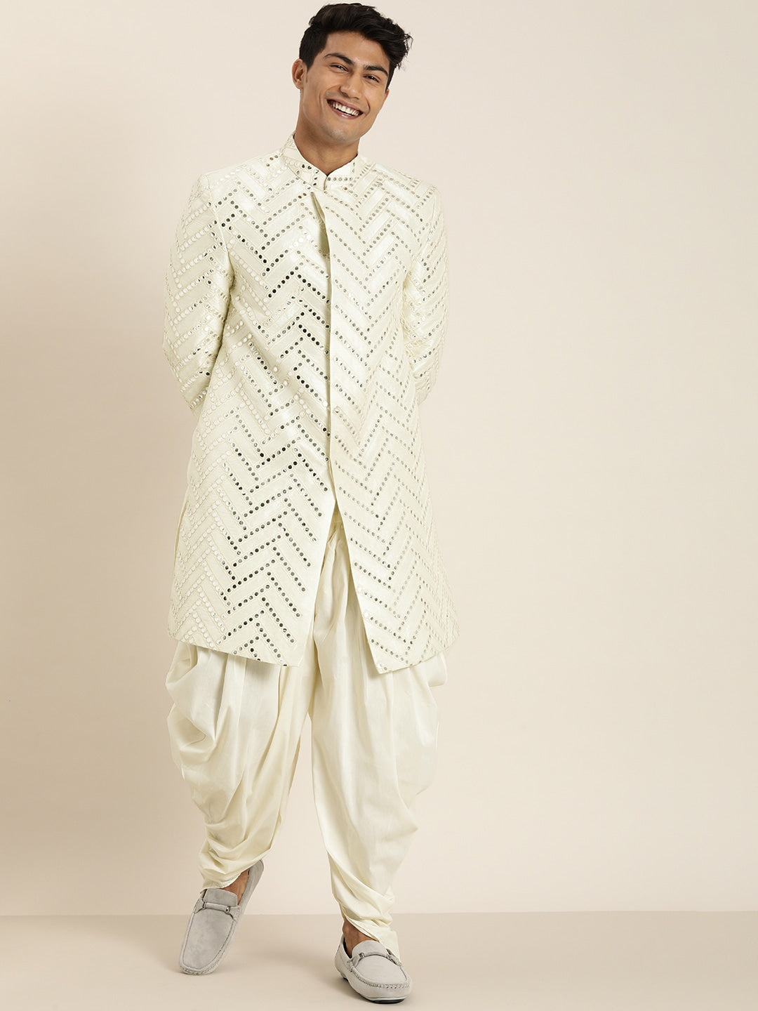 Men's Cream Indo Western Sherwani With Dhoti Set